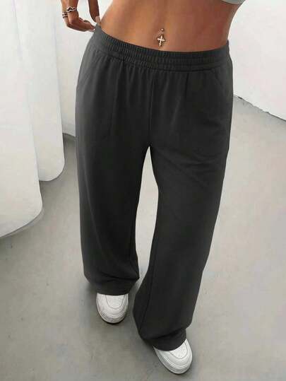 New Plus Size Women Sports Pants, Elastic Drawstring Waist, Loose Fit For Running, Fitness, Casual Outdoor Wear, Soft Wide Leg Trousers With Pockets