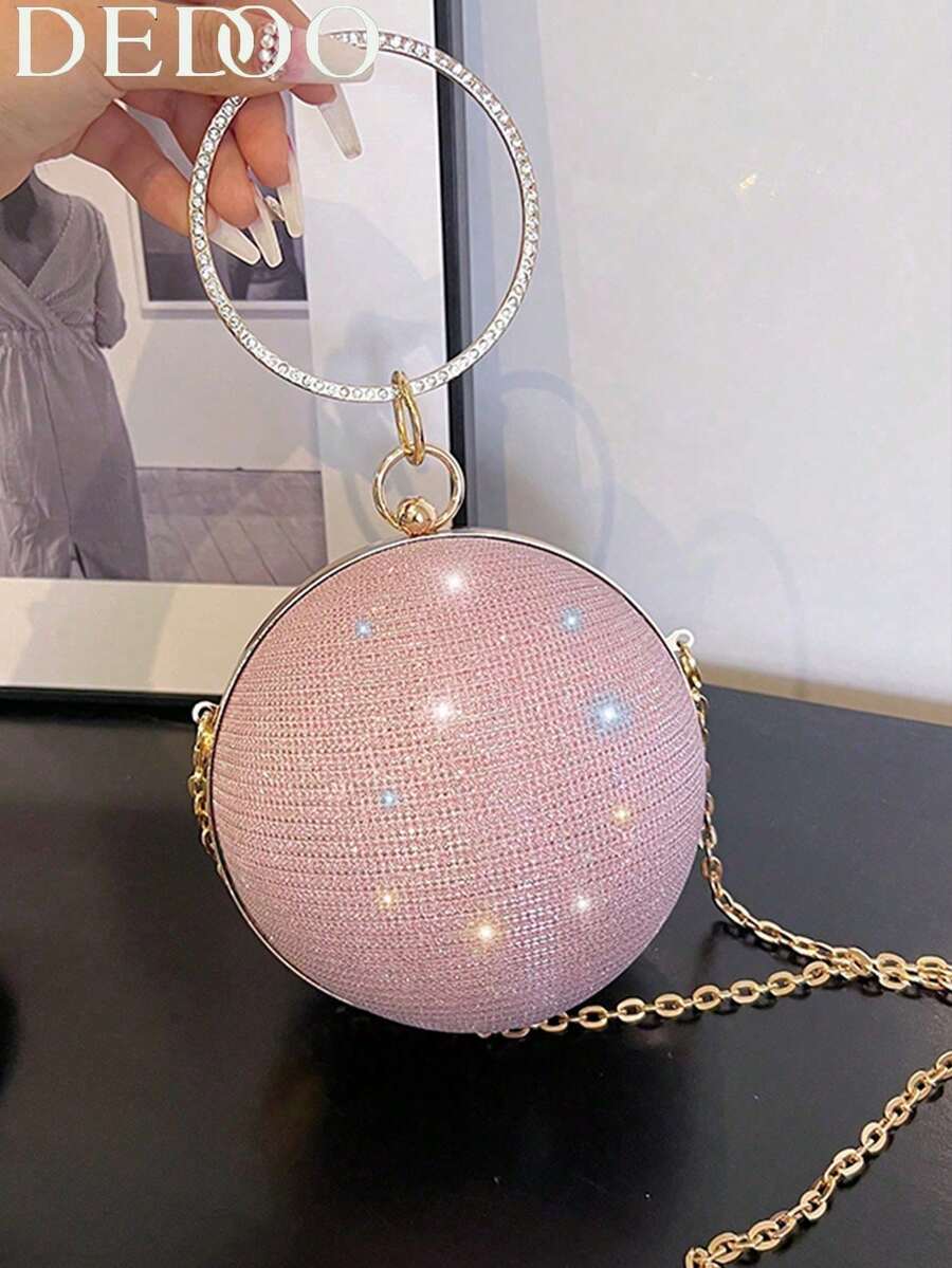 New Luxury Rhinestone Embellished Round Handbag, Chain Strap Messenger Bag, Glamorous Evening Clutch - Pink - View 1