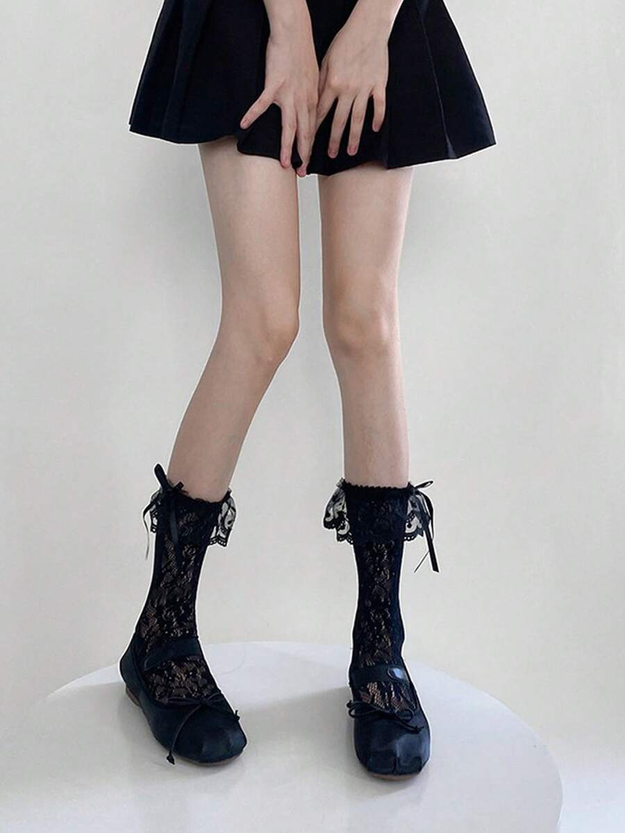 1双夏季薄款“安妮野玫瑰”蕾丝长筒袜，纯色性感蕾丝中筒袜，镂空叠层设计 - 彩色 - 查看 1