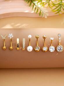 Conjunto de 9 piezas de barra invertida de acero inoxidable, perla, mariposa, pentagrama para piercing en el ombligo, diseño minimalista básico, adecuado para uso diario - Plateado - Ver 7