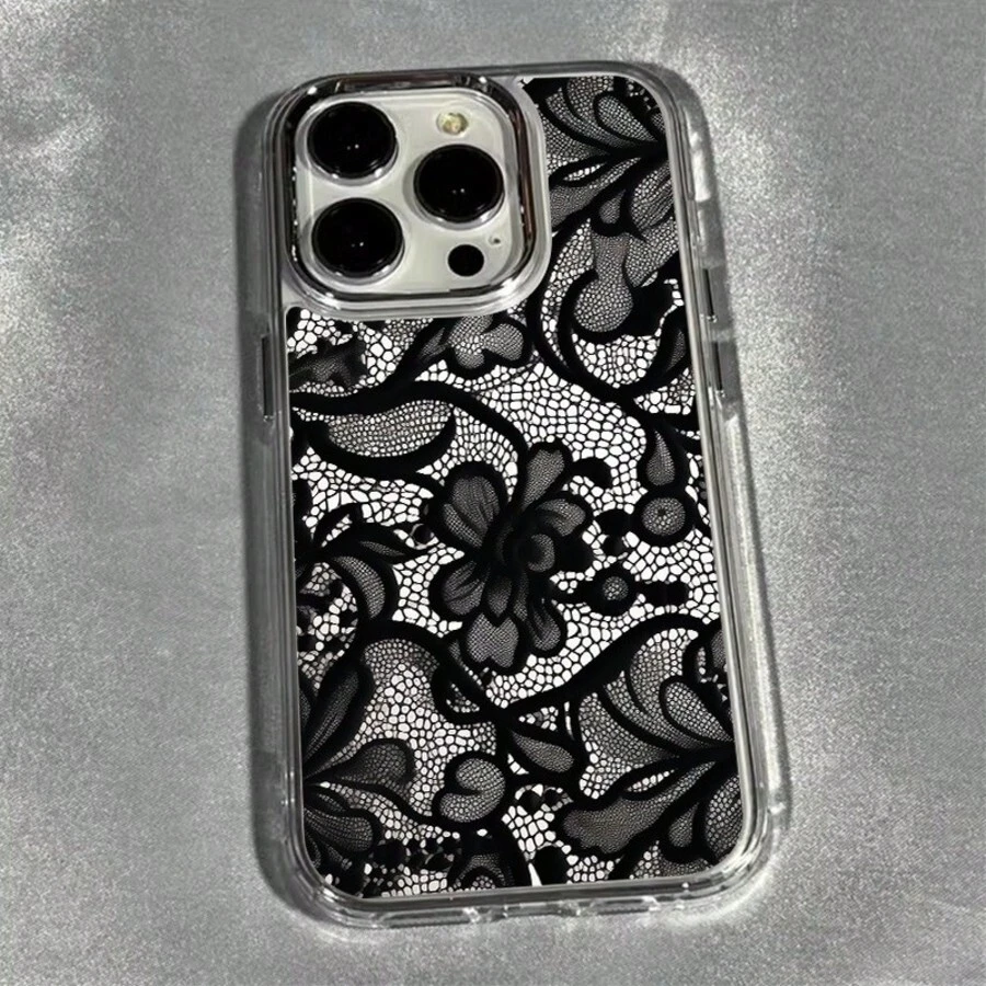 蕾絲極簡黑色合金時尚 TPU 1件裝黑色蕾絲花朵金屬框架 TPU 手機殼，適用於 Apple 17 16 15 14 13 12 11 XS XR X 8 7 Plus Pro Max 系列，個性化 INS 風格防護套，極簡商務防摔高端手機殼 春季禮物派對