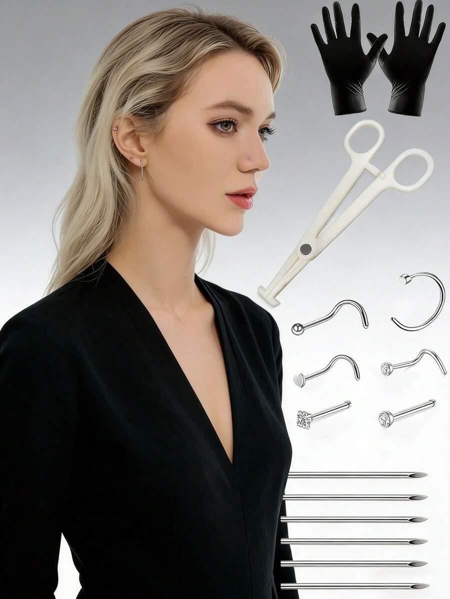Kit de perforación de nariz de 5 piezas/15 piezas con agujas de perforación de 20G y 6 piezas de pendientes de nariz de acero inoxidable para perforación de nariz, septum y labio