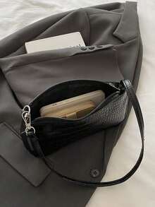 Crocodile Embossed Korean Style Women's Handbag, New Fashion Shoulder Bag, Minimalist Crescent Shaped Tote Bag For Women, Commuting , Green - 黑色 - 查看 8