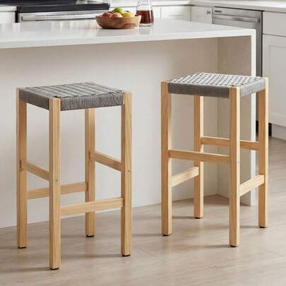 WAHSON OFFICE CHAIRS Juego de 2 taburetes de bar de madera , taburetes de cocina de estilo rústico con tejido de cuerda, altura del asiento de la silla de bar 65 cm, para isla de cocina, bistró (madera natural)