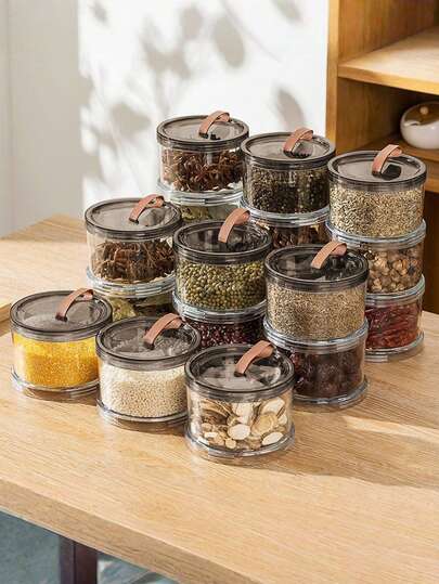 圆形调料收纳盒，五谷杂粮收纳罐，四川花椒香料收纳盒，多层透明密封食品容器，材质可选，可重复使用，适用于存放谷物、杂粮、零食、香料等，可置于冰箱或台面存放，厨房橱柜食品收纳整理盒