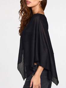 Women Knit Poncho Loose Solid Boat Neck Asymmetrical Coverup Tops Casual Shrug Sweaters - Black - View 3