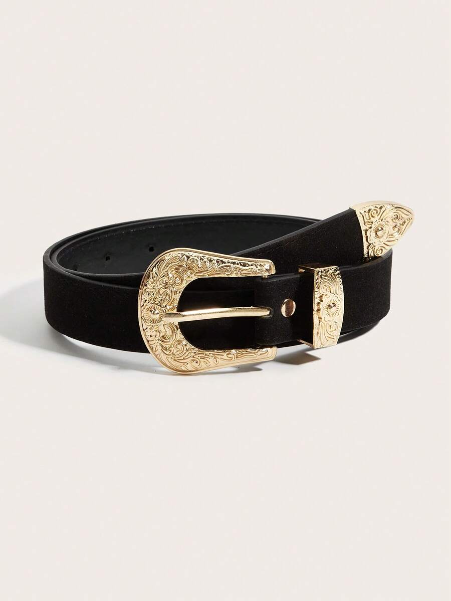 1pc Fashionable Retro Western Style Leather Belt - Black - View 1
