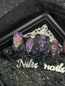 10pcs Handmade Fully Covered Almond Nails Press On Nails, Purple Nails, 3D Rhinestone&Liquid Metal&Swirl Decor, Y2K Cyberpunk Cool Style, Detachable And Reusabl, Gothic False Nails For Party & Daily Wear, With Jelly Glue And Nail File - Purple - View 5