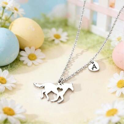 Easter Gift Horse Necklace For Women, Animal Memorial Jewelry Necklace, Stainless Steel Hypoallergenic Heart Letter Necklace, Durable Personalized Birthday Gift Suitable For Her