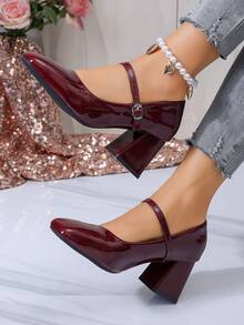 女士方头粗跟时尚简约亮面新款休闲一脚蹬鞋，适合所有季节 - 酒紅色 - 查看 6