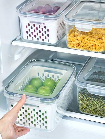 1个大容量冰箱食品保鲜盒，大容量厨房密封保鲜盒带沥水篮，透明塑料果蔬保鲜盒，家用冰箱冷冻保鲜盒，双层沥水架保鲜盒带PP硅胶密封盖