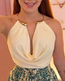 Women's Bodysuit With Cowl Neckline, Draped Detail, And Gold Choker - Elegant And Sensual For Parties, Clubs, And Parties - 白色 - 查看 1
