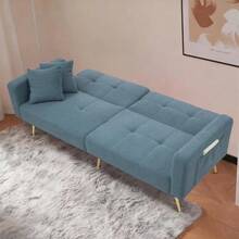 Sofa Bed With Adjustable Incline, Gold Legs, Cushions And Side Storage Pockets - Navy Blue - View 4