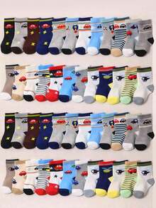 10双随机卡通汽车图案中筒袜，柔软透气，适合婴幼儿日常穿着。 - 彩色 - 查看 1