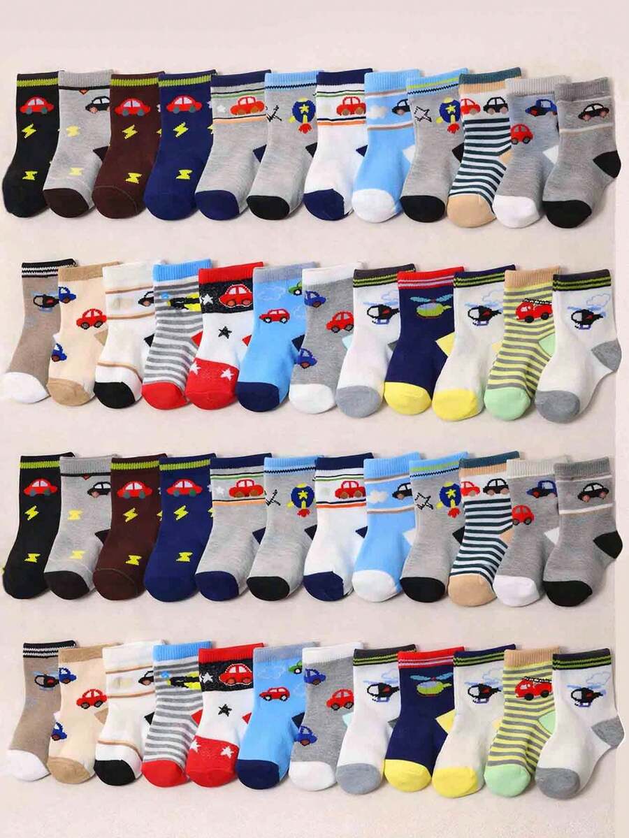 10双随机卡通汽车图案中筒袜，柔软透气，适合婴幼儿日常穿着。 - 彩色 - 查看 1
