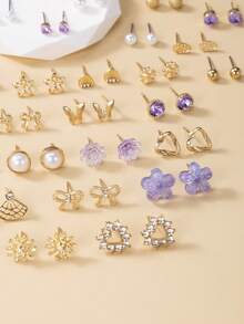 30 Pairs Set Of Elegant Rhinestone Flower & Faux Pearl Metal Asymmetrical Geometric Earrings, Suitable For Daily Wear, Party, And Gatherings - Multicolor - View 4