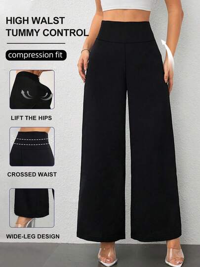 Women's High Waist Straight Leg Pants - Medium Stretch Fabric, Solid Color Office & Casual Wide Leg Trousers, Suitable For Spring, Summer, Autumn, Elegant & Comfortable, Spring Casual Wear, Wide Leg Design Black