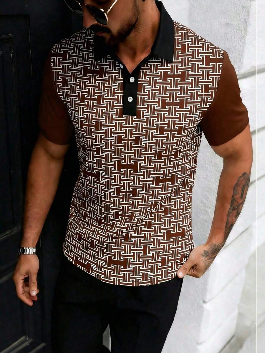 Men's Summer Business All-Over Print Short Sleeve Polo Shirt - Multicolor - View 1