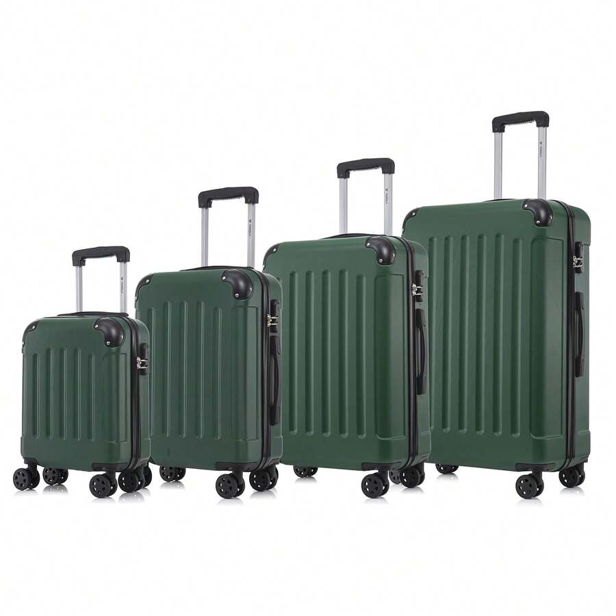 YONSLY 4-Piece Wheeled Suitcase Set With 360° Wheels, Combination Lock, Robust Double Zipper, Mesh Pocket, Soft Rubber Handle, 16/20/24/28 Inch Trolley Suitcase, Hard Shell Carry-On Luggage Set (4-Piece Set, S, M, L & XL) - 深綠 - 查看 1