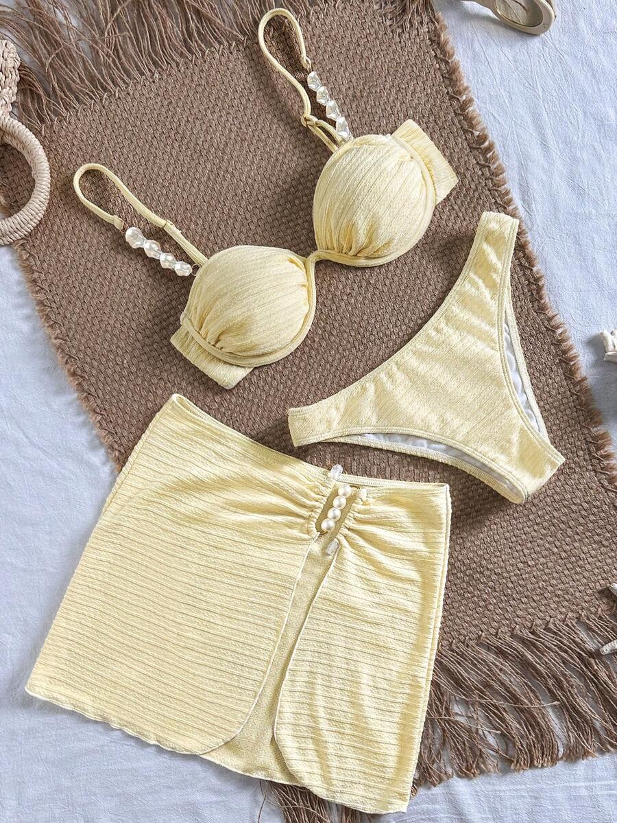 Bikinx 2026夏季三件套女士纹理细肩带可爱比基尼钢圈套装，带罩衫仙女裙，适合海滩度假 - 淡黃色 - 查看 1