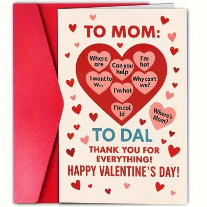 1 tấm thiệp Valentine hài hước dành cho bố mẹ, thiết kế vui nhộn "Gửi mẹ hay bố?", lời nhắn "Cảm ơn bố mẹ vì tất cả", kèm phong bì, món quà hoàn hảo cho bố mẹ.