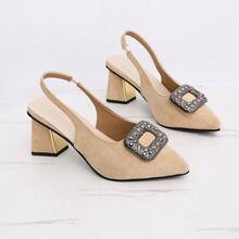 Women's Suede Crystal Square Buckle Open Back Chunky Heel Sandals, Pointed Toe Slip-On Elegant French Style Mules For Spring & Summer - Apricot - View 6