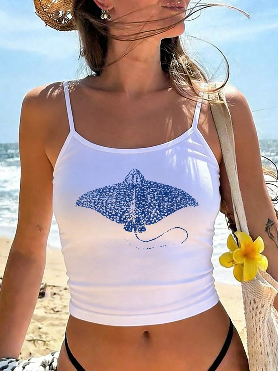 Women's Manta Ray Print Slim Fit Cropped Camisole, Ladies' Casual Sleeveless Tank Top For Beach Vacation - Black - View 1