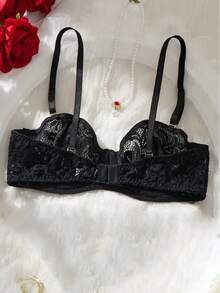 一件舒适黑色网纱蕾丝文胸，钢圈设计，柔软修身，日常时尚女士内衣 - 黑色 - 查看 2