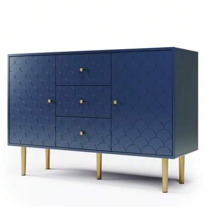 (=905467AAB) Chest Of Drawers/Sideboard With 2 Doors And 3 Drawers, Adjustable Shelf, For Living Room/Bedroom, Navy Blue, H83/W120/D40 Cm