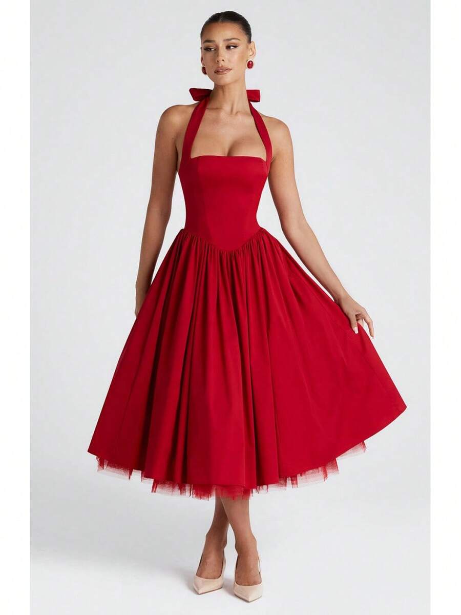 2026 New Women Dress European American Style Puffy Skirt Evening Gown Popular Lace-Up Dress Women Clothing For Party Date - 紅色 - 查看 1
