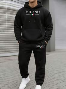Milano,Italy Mens Warm Hoodie And Jogger Set Black Tracksuit Fleece Lined For Sport Home Casual And Urban Streetwear - 黑色14 - 查看 1