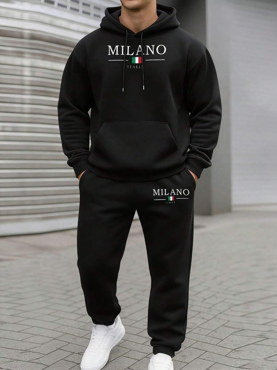 Milano,Italy Mens Warm Hoodie And Jogger Set Black Tracksuit Fleece Lined For Sport Home Casual And Urban Streetwear - 黑色14 - 查看 1