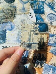 50 pièces Autocollants de timbre postal nautique bleu rétro pour cahier, ordinateur portable, album de découpage, journal, planche à roulettes, guitare, bouteille d'eau, carte postale, fournitures scolaires de décoration DIY - 1 Set - Voir 3