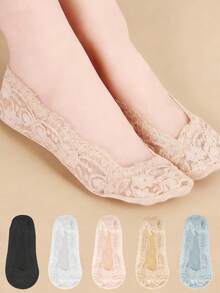 1/5/10双装女士夏季轻薄透气网眼镂空钩扣花朵硅胶防滑蕾丝船袜 - 彩色 - 查看 3