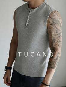 Men's Heather Gray Sleeveless Henley Top Old Money Style Business Casual Knit Vest For Office & Refined Daily Wear - Grey - View 3