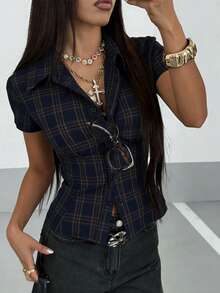 Classic Plaid Ruffle Button Short Sleeve Retro Casual Slim Fit Women Shirt Summer - Navy Blue - View 6