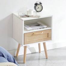 Rattan Side Table With Drawer And Solid Wood Legs, Modern Bedside Table, Side Table For Living Room, Bedroom, White - H55/W40/D30 Cm - White - View 3