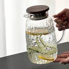 1个树皮纹理冷水壶，1.8升大容量，胡桃木盖，高硼硅玻璃壶身，耐热 - 無色 - 查看 3