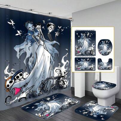哥特式骷髅浴室装饰套装，包含防水浴帘和防滑浴垫，适用于浴室、化妆间、宿舍——是哥特风格爱好者、万圣节和乔迁之喜的完美礼物。