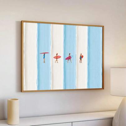 1 pieza Póster de lienzo con impresión de surfistas diminutos con rayas azules, enmarcado/sin enmarcar, arte de pared abstracto de verano y , decoración minimalista para casa de playa, apartamento, sala de estar, dormitorio, decoración moderna del hogar