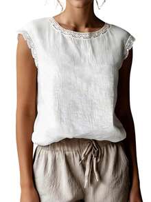 Women's Lace Trim Summer Tops Fashionable Casual Cap Sleeve Crew Neck Loose Fit Linen T Shirt - trắng - Xem 5