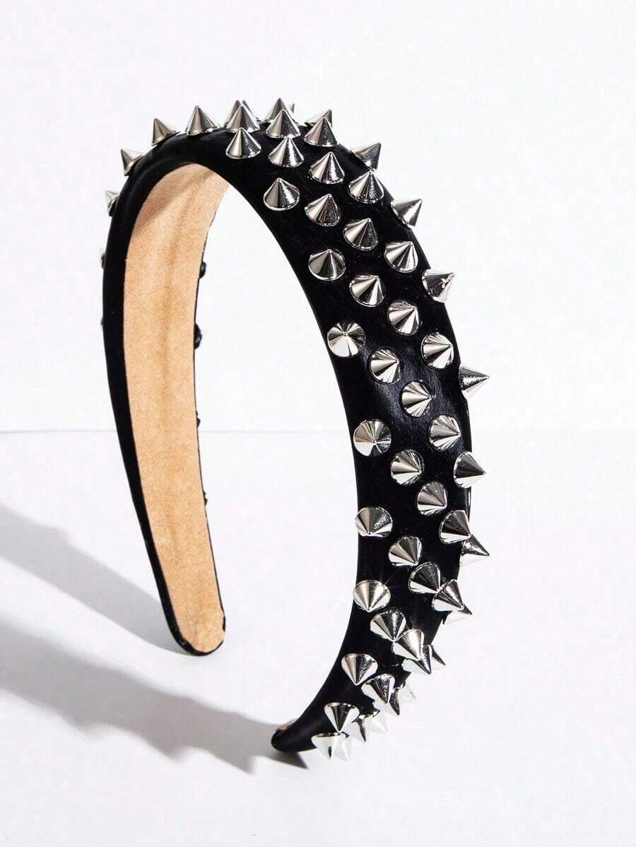 1pc Solid Color Leather Punk Style Studded Headband, Simple Design High Quality Fashion Hair Accessory, Suitable For Sweet And Cool Streetwear For Women,Hairband,Hair Hoop Headbands, Black - 黑色 - 查看 1