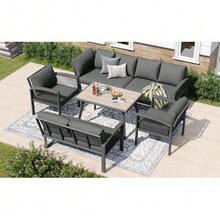 Garden Set, Furniture For 8 People, Rope Frame, Large Wood-Look Table, Galvanized Iron Frame, Adjustable Feet, Seat And Back Cushions Included, Grey - C - View 6