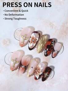 24pcs Almond Shaped 3D Gel Nail Stickers, Floral Nail Art Design, French Tip Style, Medium Size Metal Decor, Pearl Accent, Acrylic Nail Tips, Includes: 1pc Gel And 1pc Nail File. Almond Shaped French Nail Stickers, Suitable Women's Daily Work, Festivals And Parties. Nails Nail Supplies - 彩色 - 查看 3