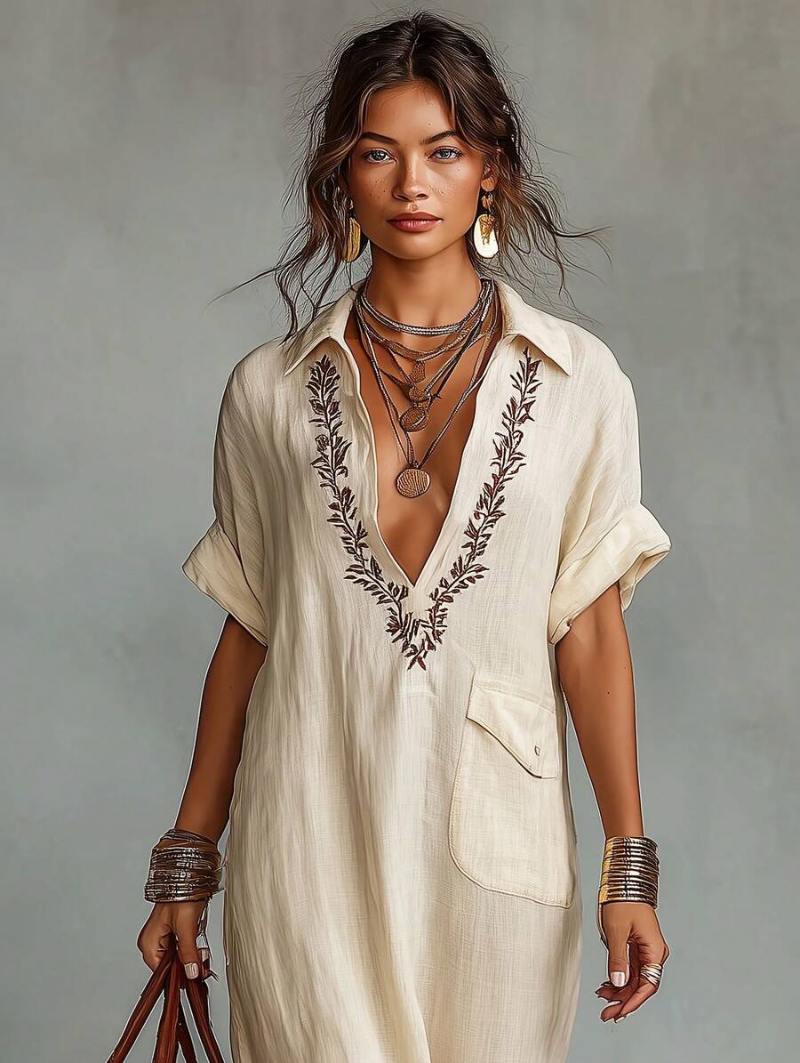 Beige Dark V-Neck Brown Plant Embroidery Linen Shirt Style Long Skirt Women's Lapel Rolled Edge Short Sleeved Loose A-Line Version Bohemian Vacation Casual Style Beach Daily Wear - 象牙白 - 查看 1