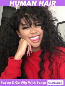 150% 密度深卷真人发假发，带刘海 - 湿发波浪造型，即戴即走，无需胶水，自然黑发，8-22、24、26、28、30 英寸，巴西真人发 - Natural Black - 查看 2