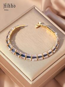 Hihho 1 pieza Elegante pulsera de tenis con brillo, diseño de cadena cuadrada y trapezoidal, pulsera de con circonita incrustada, adecuada para niñas, regalo para vacaciones, boda, compromiso, fiesta de aniversario - Pulsera de tenis - Ver 11