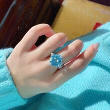女士奢华白金镀层方形海蓝宝石锆石夸张结婚戒指 - 淺藍色 - 查看 4