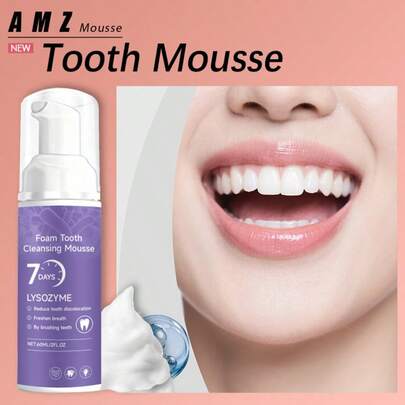 1盒（60毫升）天然牙齿美白泡沫慕斯，温和配方，清洁和护理牙齿，清新舒适的日常口腔护理，方便的慕斯清洁牙齿，去除污渍和泛黄，展现自然亮白笑容，适用于咖啡、茶等造成的顽固污渍。