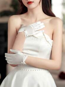 1pc White Satin Bridal Gloves With Pearl Decor, Full Finger, Suitable For Spring/Autumn, Wedding, Driving, Sun Protection - White - View 3